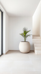 Modern interior design featuring a potted palm plant in a bright, minimalist space with stairs in the background