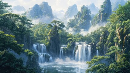 A serene landscape featuring majestic waterfalls surrounded by lush greenery and distant mountains under a misty sky.