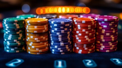 Colorful Casino Chips Stacked on Felt Table Close up