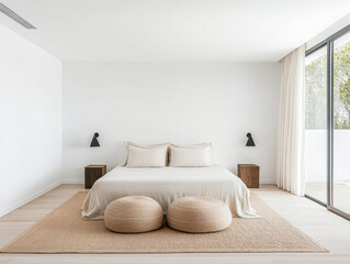 Minimalist bedroom with neutral tones, soft lighting, and natural textures designed for relaxation in a serene environment