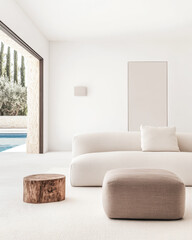 Modern minimalist living room with natural light and pool view, featuring a cozy sofa and wooden accents in a serene setting