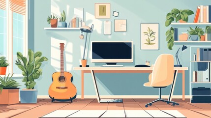 Fototapeta premium A cozy home office with background guitar music playing, creating a calm work atmosphere,