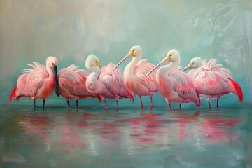 Obraz premium Majestic pink birds stand in shallow turquoise water, softly glowing sunset highlighting their dewy feathers and