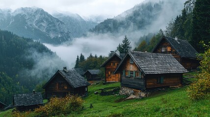 Obraz premium A serene mountain landscape featuring rustic wooden houses surrounded by lush greenery and misty mountains in the background.