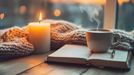 A cozy setting depicting a daily coffee ritual, with a journal, a lit candle, and a steaming cup