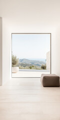 Obraz premium Minimalist interior with large window showcasing serene landscape during daylight in a modern setting