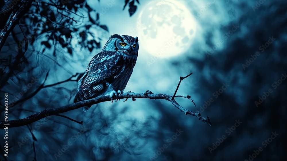 Poster a serene night scene featuring an owl perched on a branch illuminated by the soft glow of a full moo