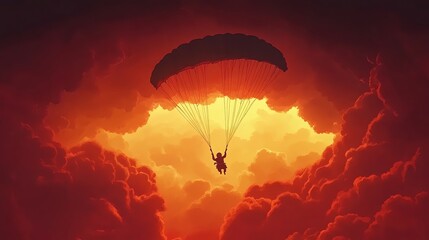 Obraz premium A silhouette of a parachuter descending through a fiery orange sky, with fluffy clouds below.