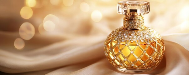 Low-angle view of an elegant designer perfume bottle