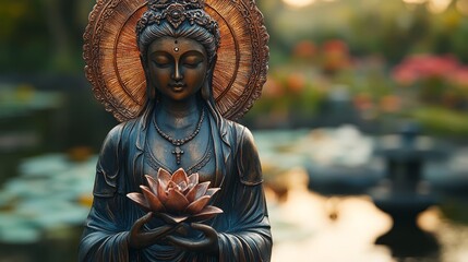 Obraz premium Bronze Guan Yin Statue Holding Lotus Flower