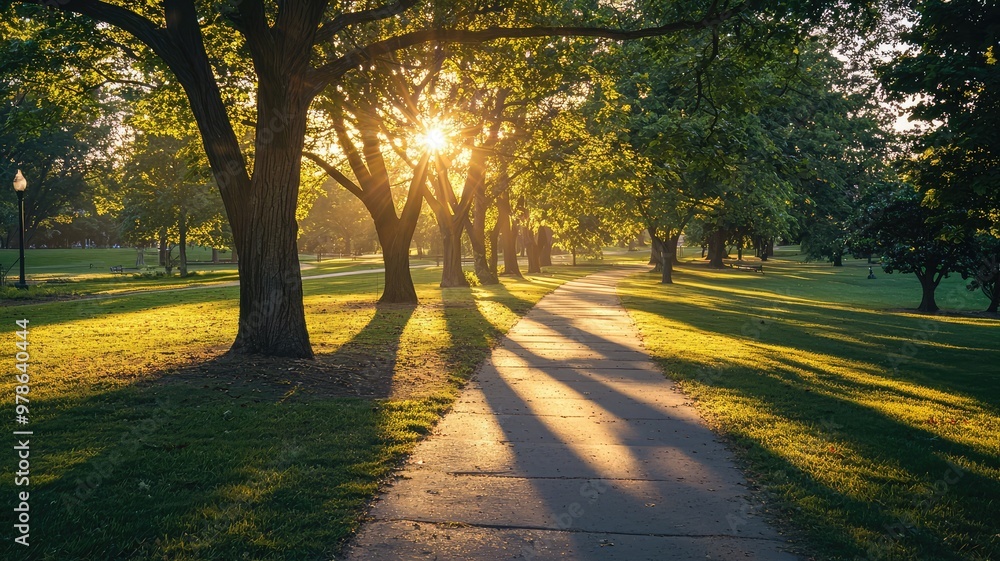 Poster a serene pathway lined with trees, illuminated by warm sunlight, creating beautiful shadows in a tra