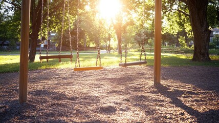 A serene playground scene with swings under the warm glow of sunlight, surrounded by lush greenery and soft gravel ground.