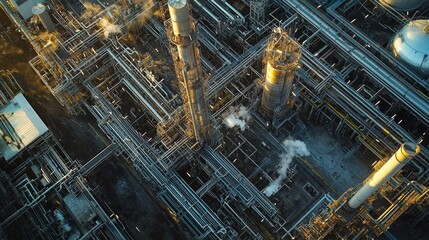 Fototapeta premium Aerial view of an oil refinery integrated with green hydrogen production facilities, sleek new technology blending with the traditional structures of the oil industry.