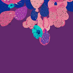 Ilustracja zielone kaktusy fioletowe tło struktura szablon. Hand made drawing illustration. Motyw roślinny. © Monika