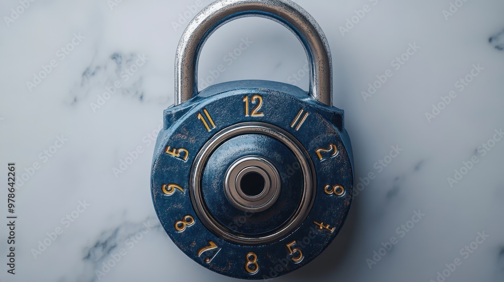 Poster a blue combination lock displaying numbers on a marble surface.