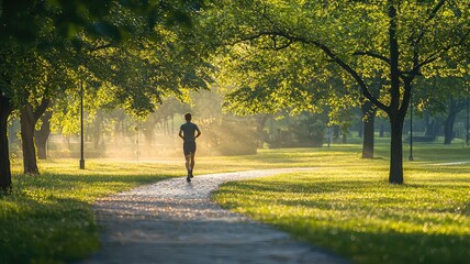 Obraz premium A solitary runner jogs through a sunlit park, surrounded by lush green trees and tranquil nature, creating a serene atmosphere.