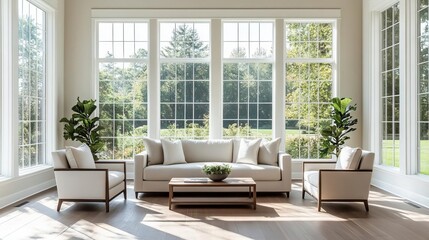 Wide-angle view of a lush living room with a stylish sofa set in the center