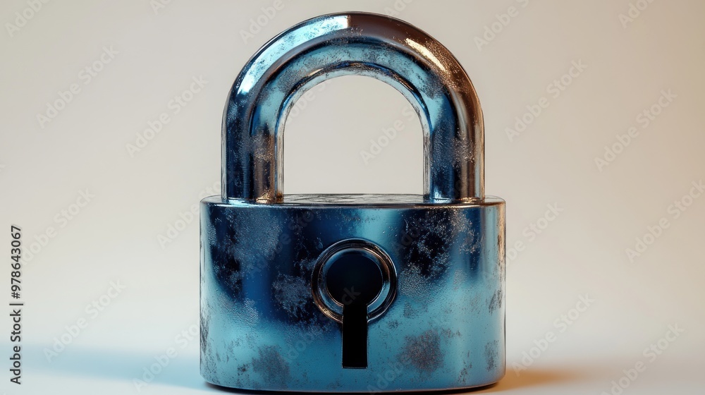 Poster a metallic padlock with a shiny surface and keyhole.