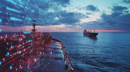 An oil tanker in the distance, with a transparent layer of AI analytics visualizing its trade routes, real-time oil pricing.