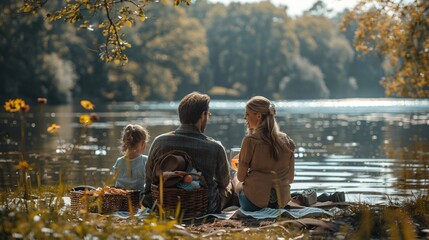 A family of four is enjoying a picnic by a lake