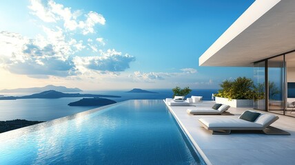 Fototapeta premium A stunning infinity pool overlooking a serene sea with beautiful clouds and a modern architectural design for a tranquil escape.