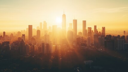 Fototapeta premium A stunning sunset view over a city skyline, with golden rays illuminating tall buildings against a clear sky.