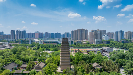 Aerial Photography of the Small Wild Goose Pagoda, an Ancient Architecture in Xi'an, China