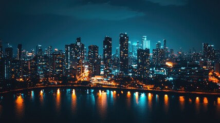 Fototapeta premium A stunning urban skyline at night, featuring illuminated buildings reflecting on the serene water, creating a vibrant cityscape.