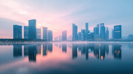 Fototapeta premium A stunning urban skyline reflecting in a tranquil lake at sunrise with vibrant colors and modern architecture.