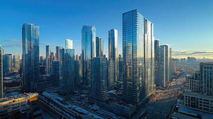 Obraz premium A stunning urban skyline featuring modern skyscrapers under a clear blue sky, showcasing architectural beauty and urban life.