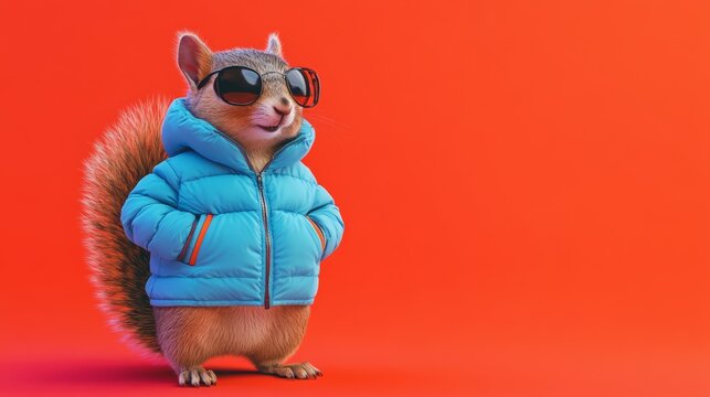 Cute Squirrel Wearing Sunglasses and a Blue Puffer Jacket