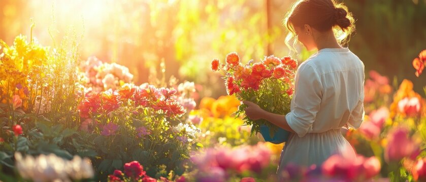 Joyful gardener tending vibrant flowers in a sunlit garden colorful blooms thriving nature serene landscape
