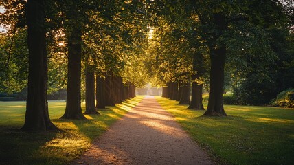 Naklejka premium A tranquil pathway lined with trees, illuminated by golden sunlight, inviting a peaceful stroll through nature's beauty.