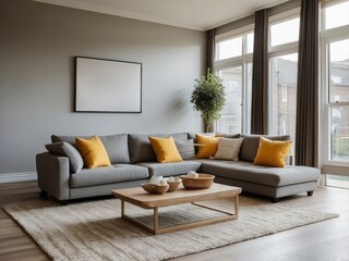 Modern Living Room with Grey Sectional Sofa, Wooden Coffee Table, and Yellow Pillows