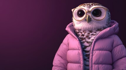 Fototapeta premium Owl In Pink Puffer Jacket With Glasses On Purple Background