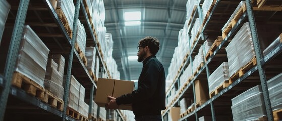 Warehouse worker organizing shelves in a large storage room overhead lights casting shadows
