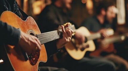 Fototapeta premium A small group of musicians jamming in an informal instrumental guitar session,