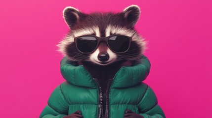 Cool Raccoon in Green Puffer Jacket and Sunglasses on Pink Background