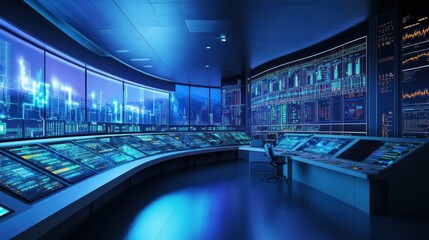 Fototapeta premium A smart grid control room with a digital wall displaying grid status and power consumption data,