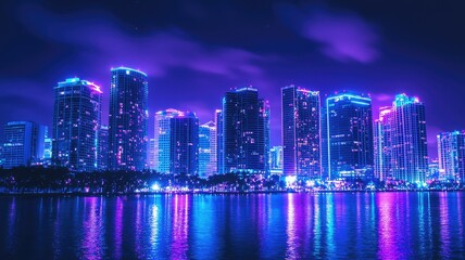 Naklejka premium A vibrant city skyline illuminated by neon lights, reflecting on water at night, creating a stunning urban landscape.