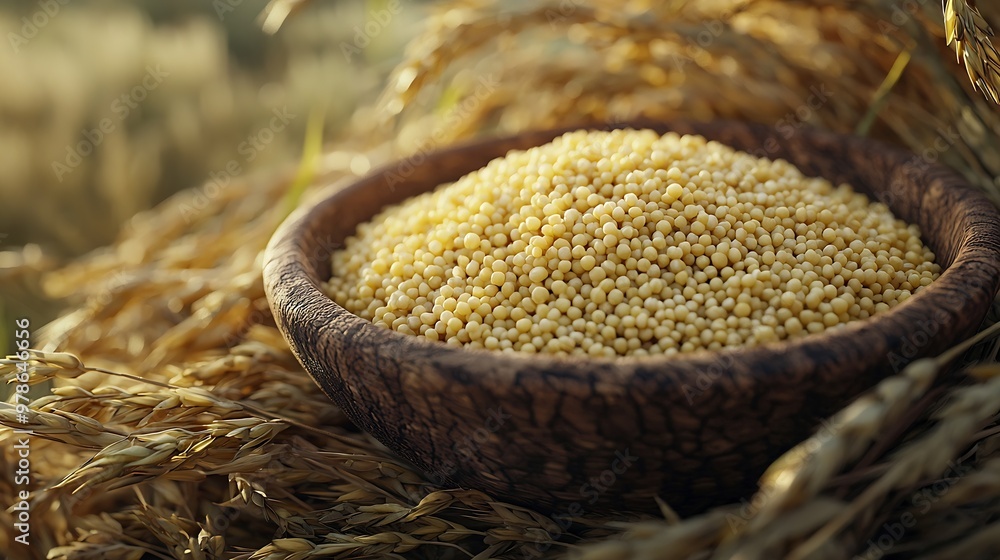 Poster millet in a serving bowl on a hessian background : generative ai
