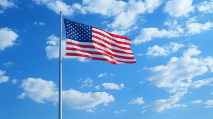 American Flag Waving in Blue Sky with White Clouds