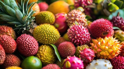 A vibrant collection of exotic fruits showcasing unique textures and colors, perfect for food photography and creative projects.