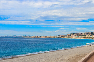 View of the beach near the Promenade des Anglais in Nice, France