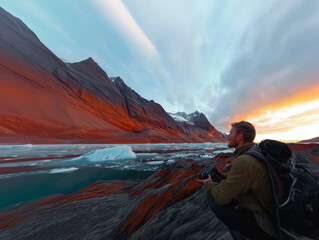 Fototapeta premium A solo traveler stands close to the camera, face visible, trekking across Greenland’s icy terrain. Snow-capped peaks, glowing sunset, and icy waters create a serene, untouched landscape.