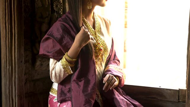 Myanmar Woman in traditional Myanmar suit sightseeing in Myanmar 