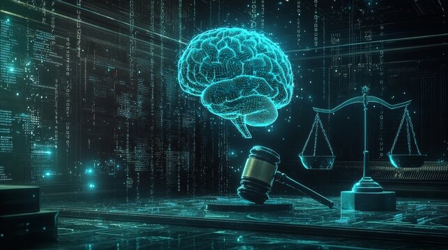 Gavel surrounded by flowing binary code, scales of justice, and a glowing AI brain in a dark, futuristic courtroom, depicting the clash between traditional law and AI systems