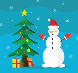 The snowman enjoys the Christmas presents under the tree. Merry Christmas and Happy New Year.