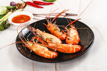 Boiled tiger prawn with sauce