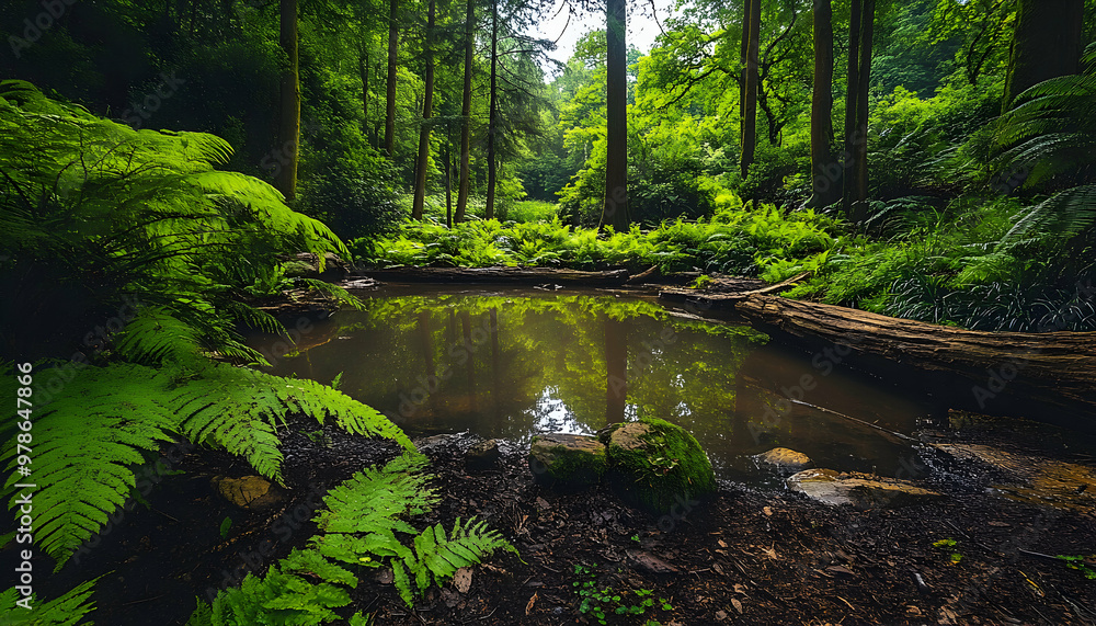 Wall mural tranquil pond in a lush green forest.